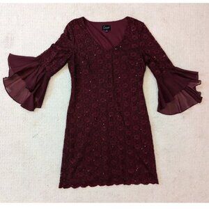 Burgundy Wine Sparkle Dress Women's Large 14 Winged Sleeves Connected Apparel